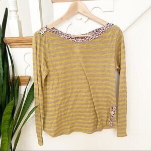 Anthropologie Postmark Yellow Striped Long Sleeve Floral Trim Cotton-Blend Top